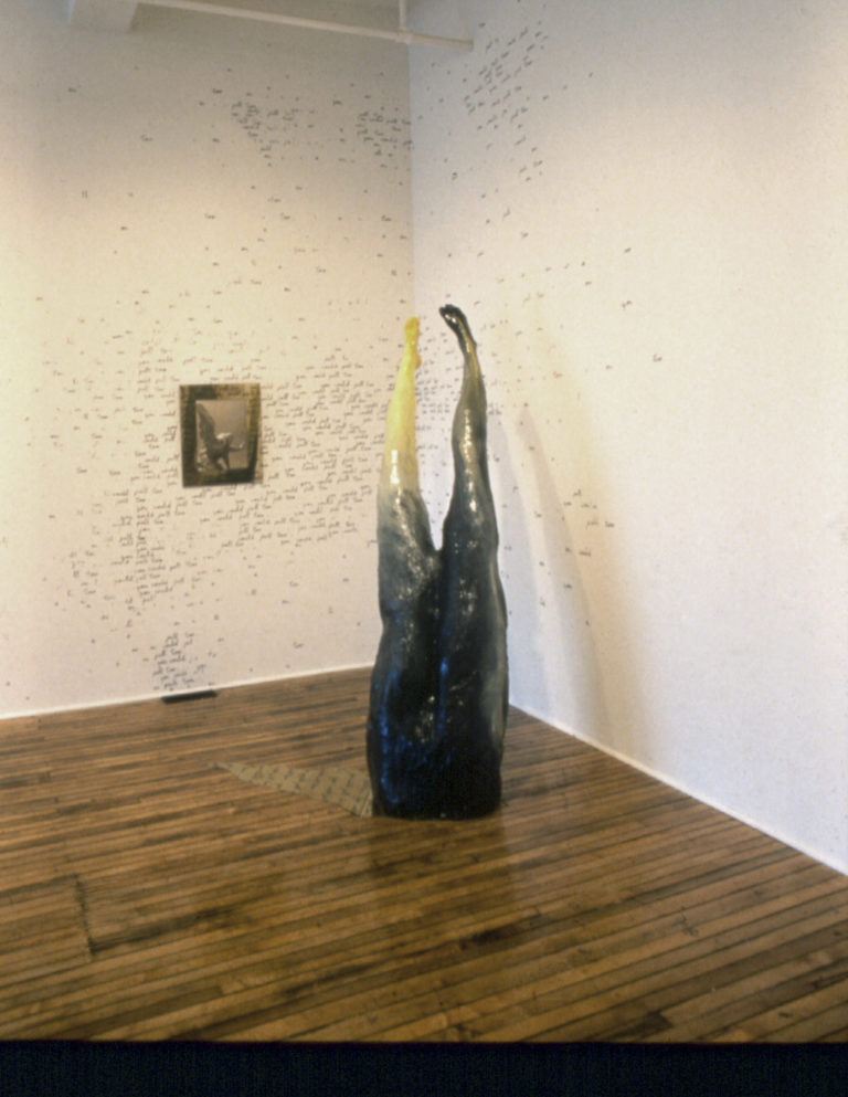 You Could Fall Too, 1988, Installation, text writen upon the wall, polycromed plaster, photo and bronze, Variable dimentions, Forest City Gallery, London, Ontario, Canada