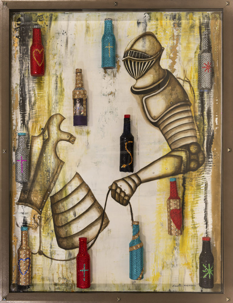 Botellas Voodoo/ Voodoo Bottles. 2012, Mixed media on canvas with embellished 33- Glass bottles in vitrine 47.5 x 61.75 in. Humberto Castro