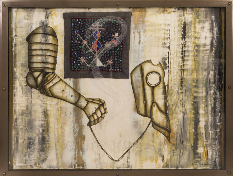 Saint Jacques. 2012, Mixed media on canvas with Haitian Voodoo flag in vitrine 47.5 x 61.75 in. Humberto Castro